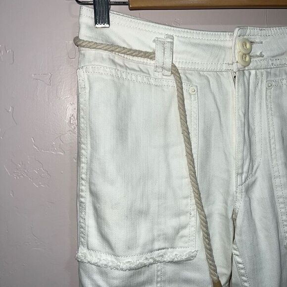 ANTHROPOLOGIE White Canvas Denim High Rise Belted Straight Crop Jeans 25 - Picture 3 of 7